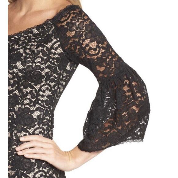 Adrianna Papell Black Lace Dress Bell Sleeve Feminine Holiday Party Evening - Picture 3 of 9